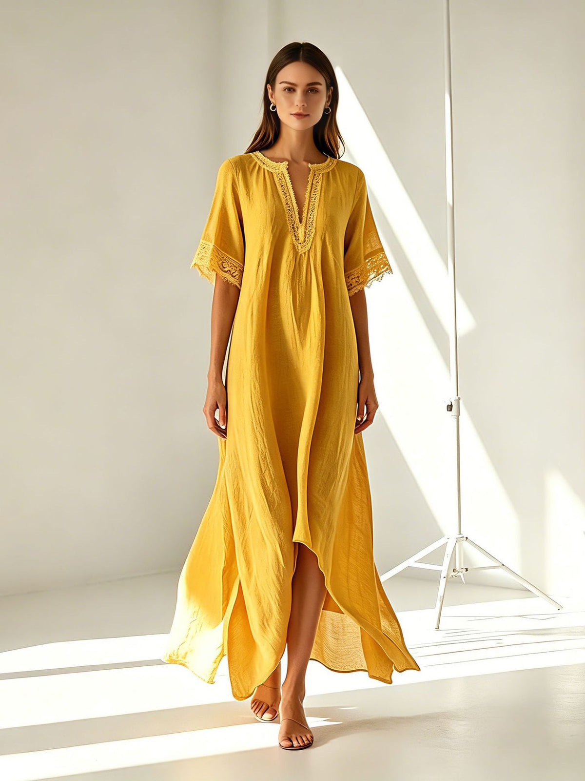 V-neck Short-sleeve Slit Bohemian Resort Dress by Ricaloux