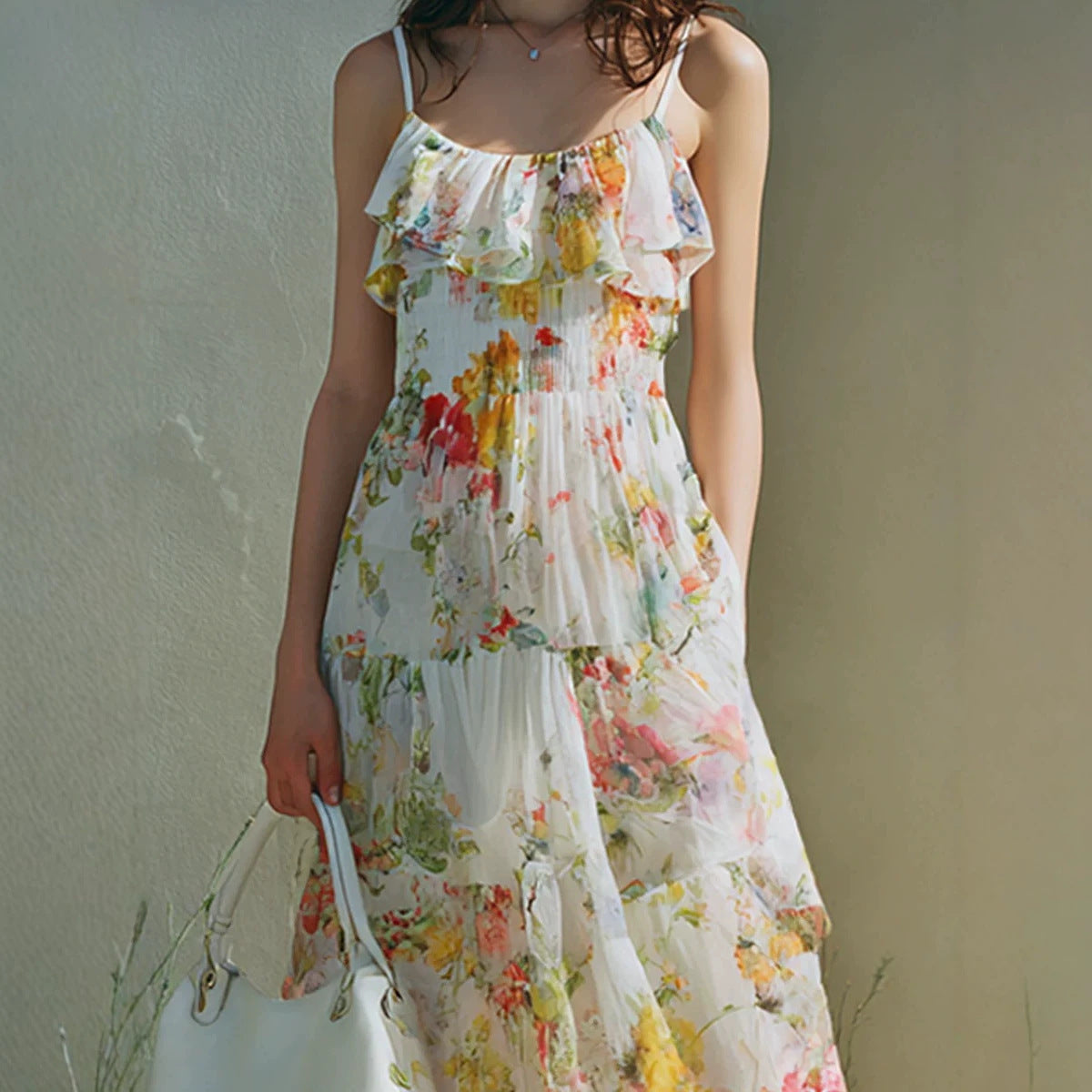 Summer Dress With A Long Bow Floral Print And Layered Chiffon by Ricaloux