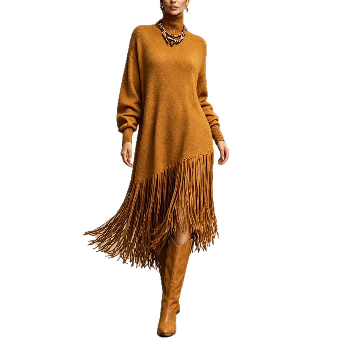 Womens Long Tassel Solid-Color Versatile Dress by Ricaloux