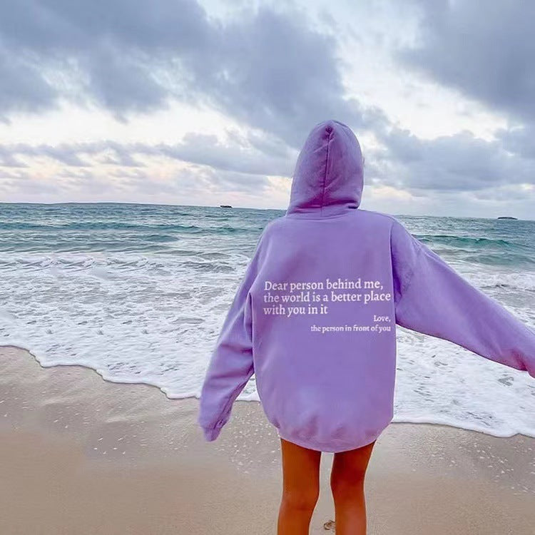 Dear Person Behind Me,the World Is A Better Place,with You In It,love,the Person In Front Of You,Women's Plush Letter Printed Kangaroo Pocket Drawstring Printed Hoodie Unisex Trendy Hoodies – Premium 0 | RICALOUX