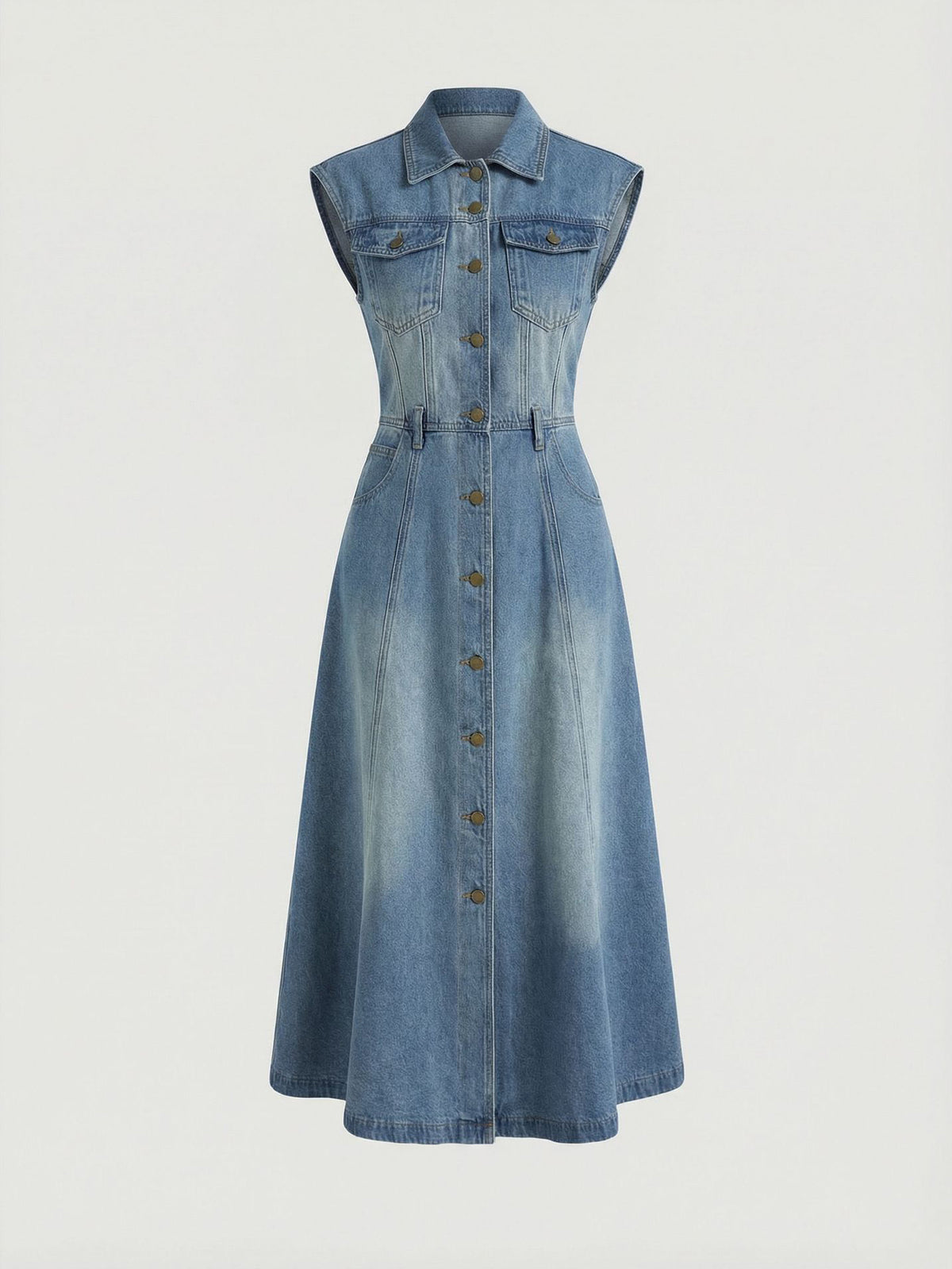 Fashionable Washed Sleeveless Denim Maxi Dress by Ricaloux