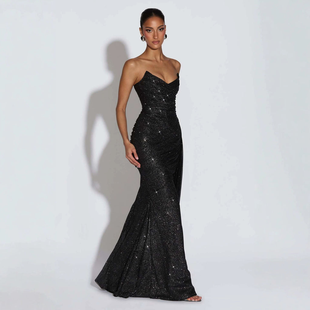European And American-style Shimmering Strapless Waist-cinching Maxi Evening Gown With Crisscross Detailing by Ricaloux