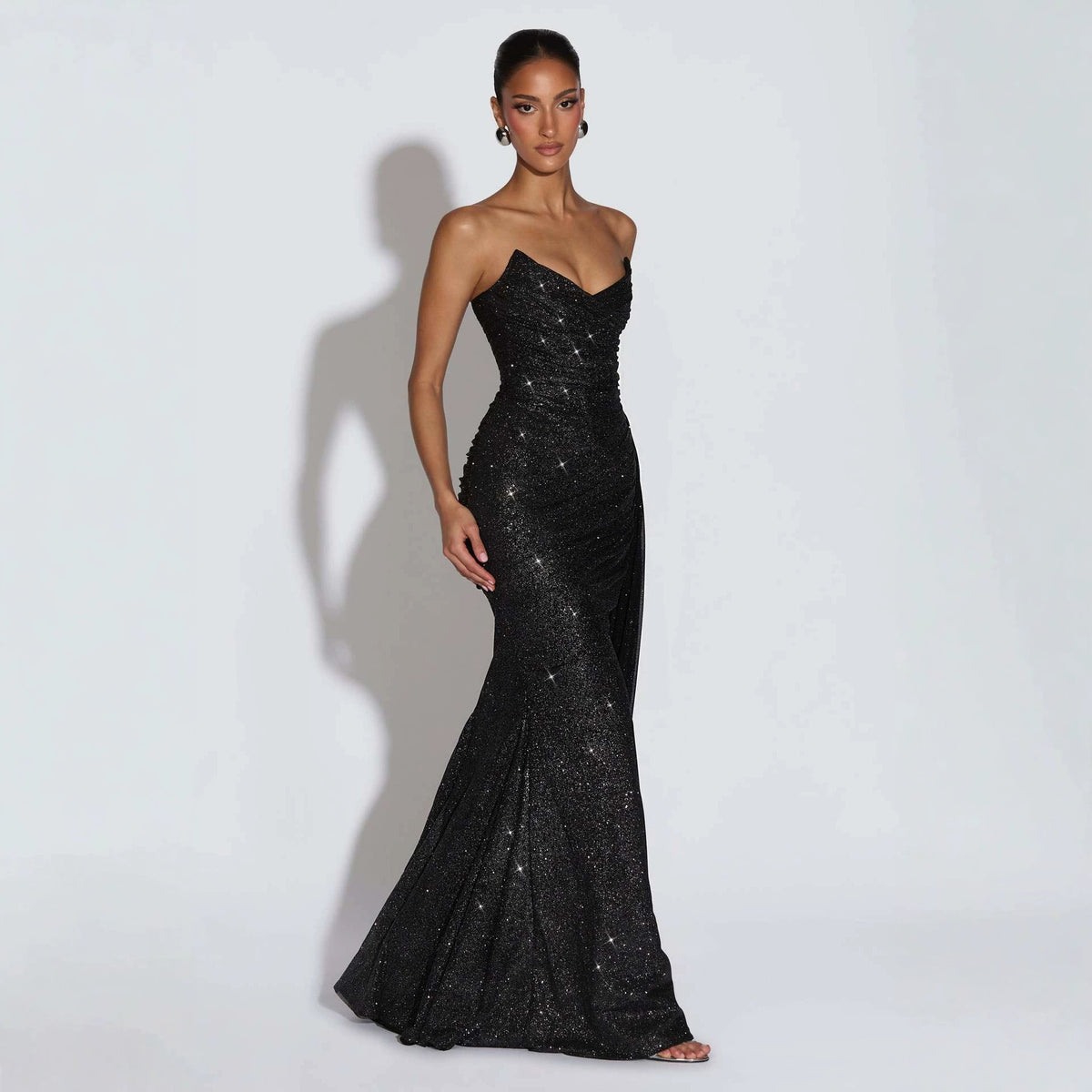 European And American-style Shimmering Strapless Waist-cinching Maxi Evening Gown With Crisscross Detailing by Ricaloux