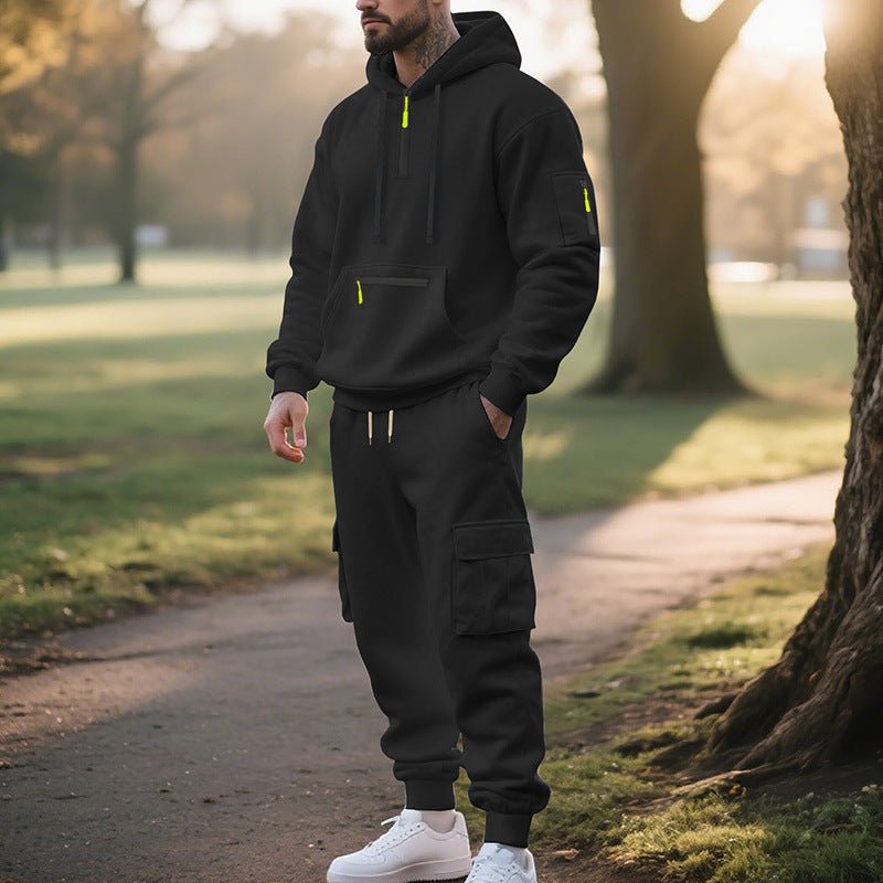 Men's Loose Sports And Leisure Suit Sweater Fleece-lined Hoodie Set Zipper Multi-Pocket Pullover Men's Sports Casual Top Two-piece Set - RICALOUX