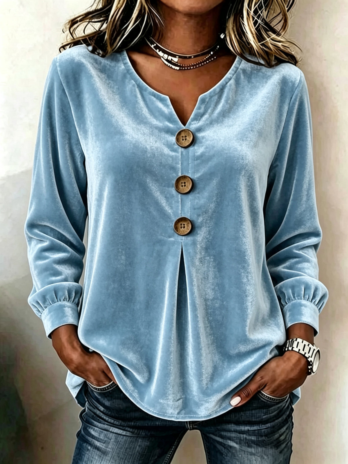 Elegant V-neck Buttoned Long-sleeve Velvet Blouse For Women by Ricaloux