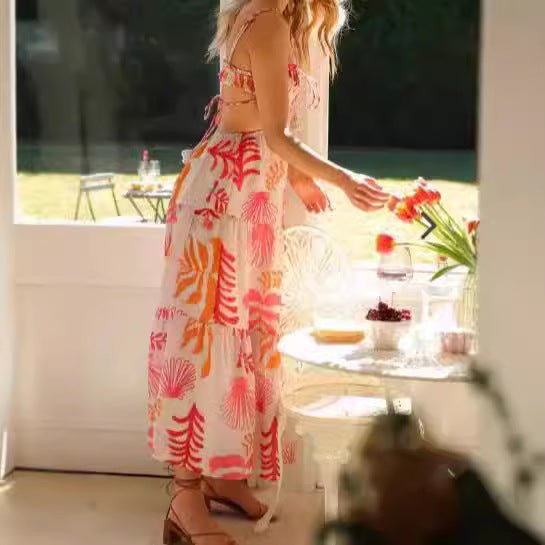 Women's V-neck Sleeveless Printed Stitching Dress - RICALOUX
