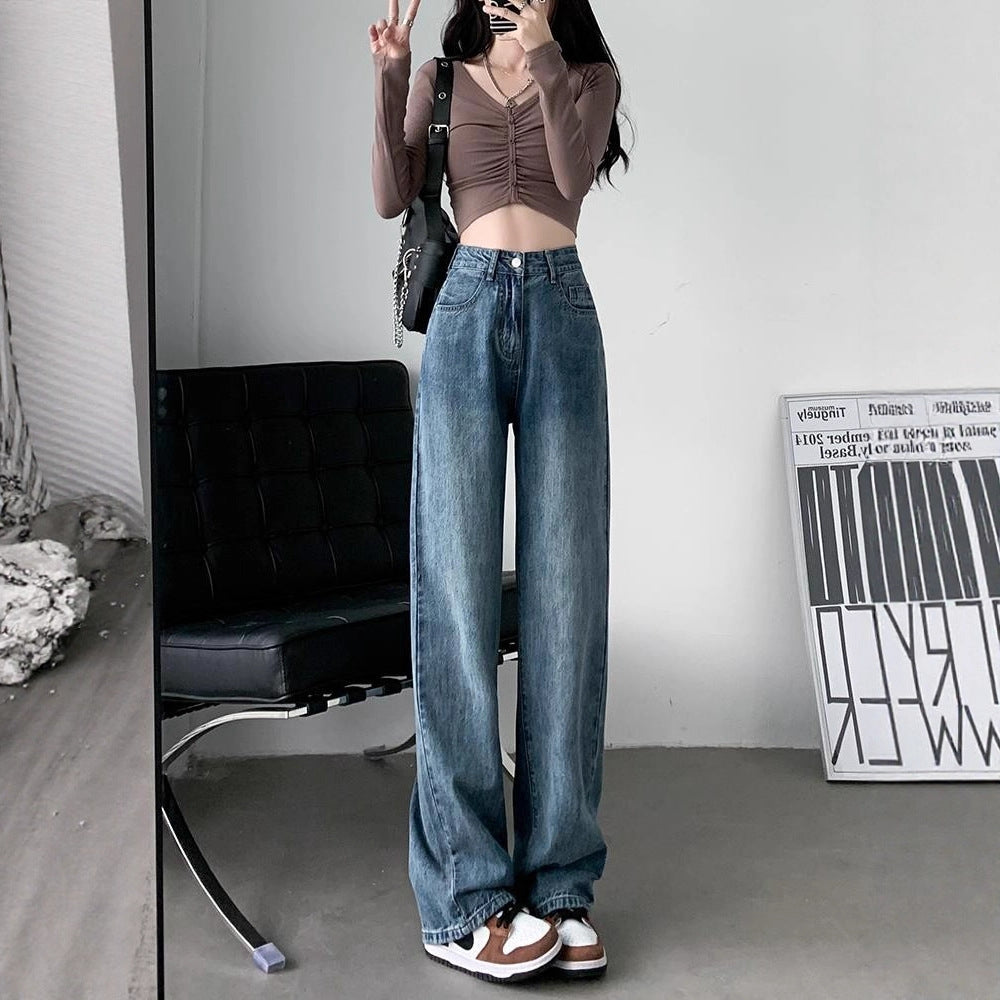Retro Blue High0 Waisted Loose Straight Leg Denim Jeans For Women by Ricaloux