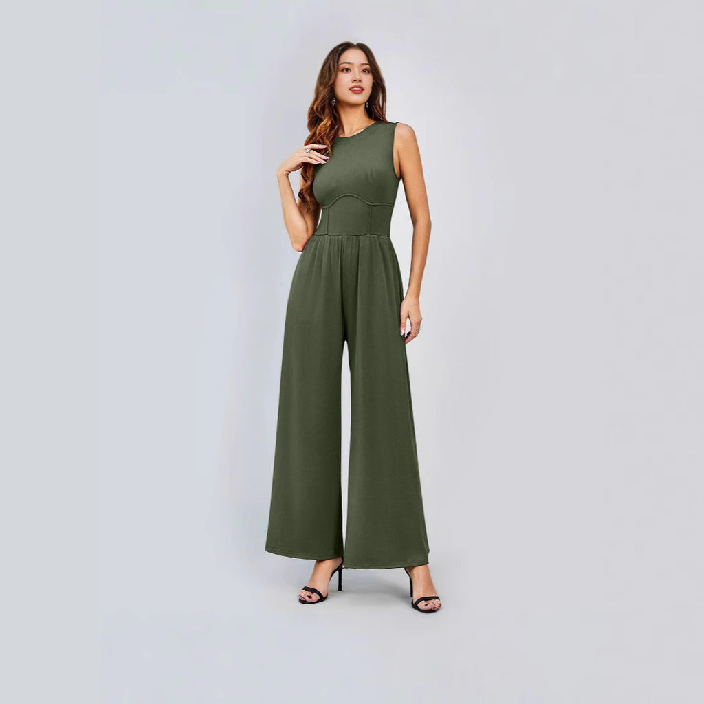 Womens Round-neck Solid-color Sleeveless Slim-fit Long Casual Jumpsuit by Ricaloux