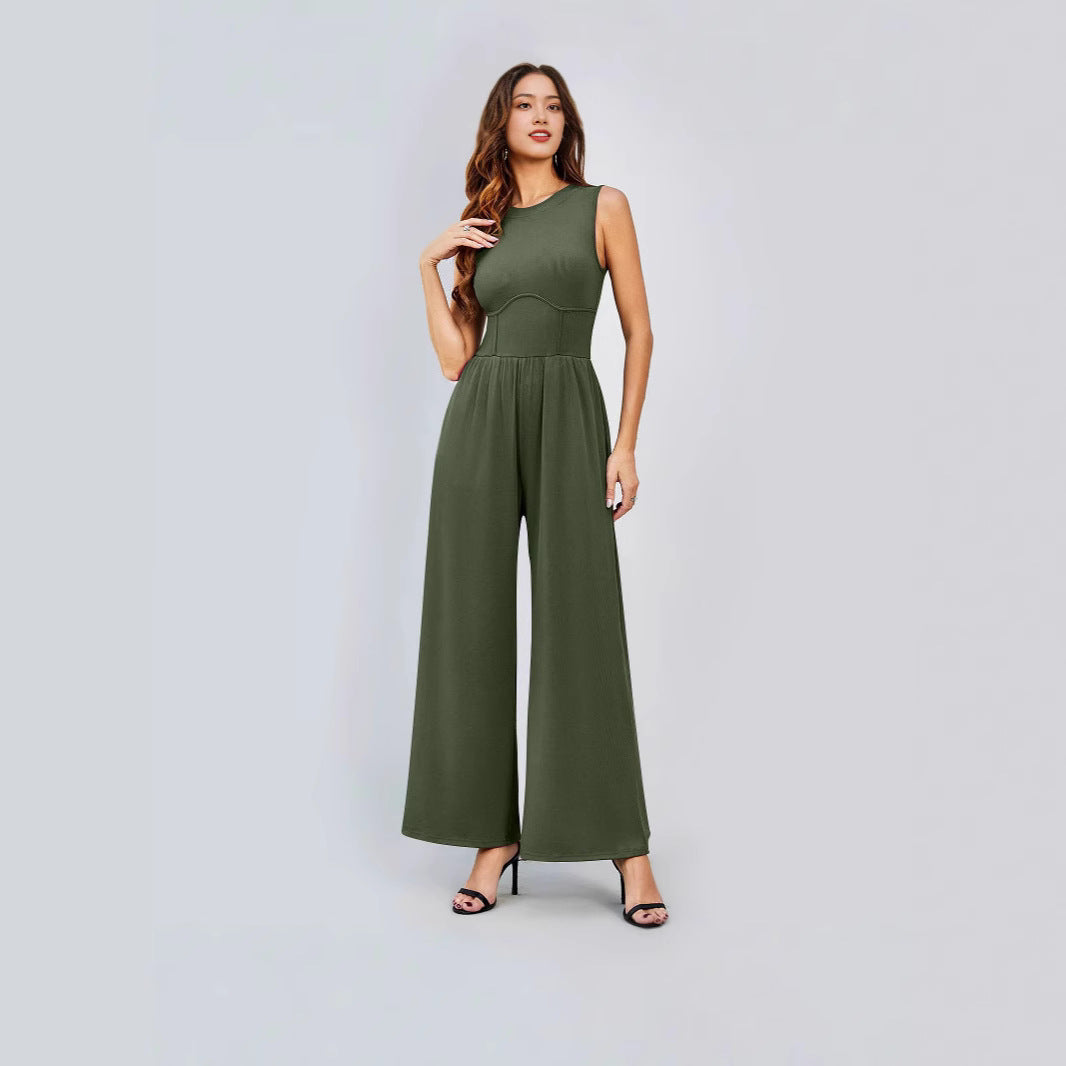 Womens Round-neck Solid-color Sleeveless Slim-fit Long Casual Jumpsuit by Ricaloux