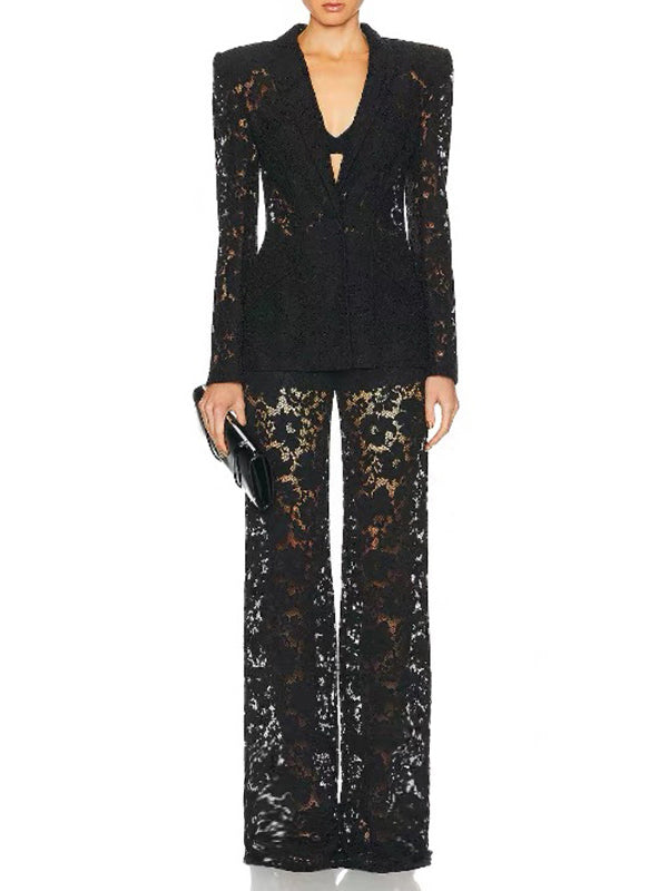 Floral Lace Single Button Blazer & High Waist Wide Leg Pants 2-Piece Suit Set by Ricaloux