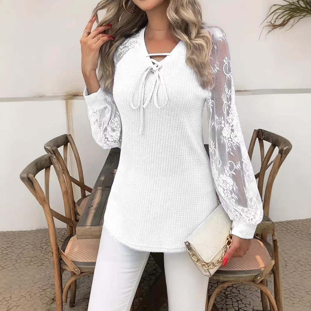 Womens V-neck Long-sleeve Lace-panel Top by Ricaloux