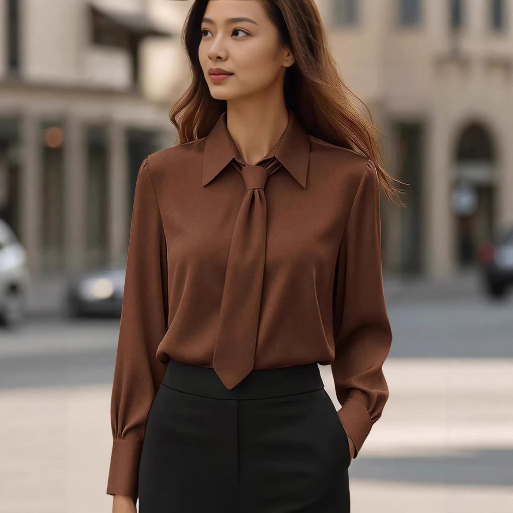 Womens Solid-Color Casual Tie Long-Sleeve French-Collar Shirt by Ricaloux