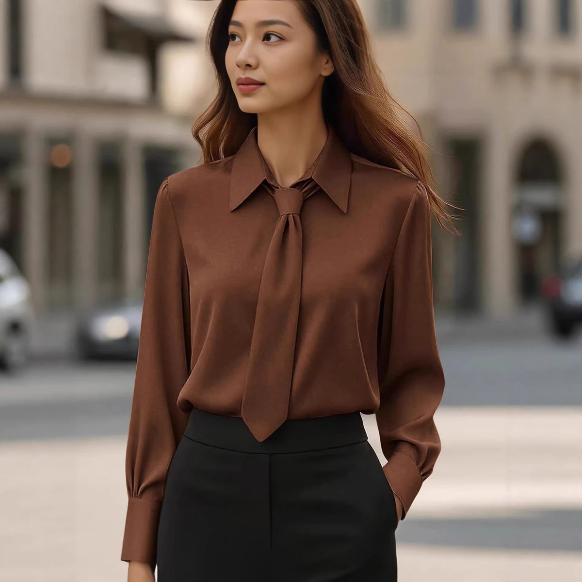 Womens Solid-Color Casual Tie Long-Sleeve French-Collar Shirt by Ricaloux