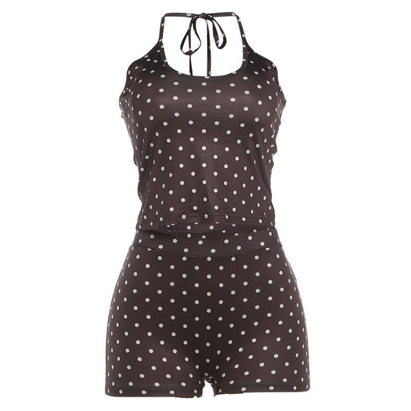 Halterneck Off-Shoulder Top With Polka-Dot Print And Low-Rise Shorts Set – Premium 0 | RICALOUX