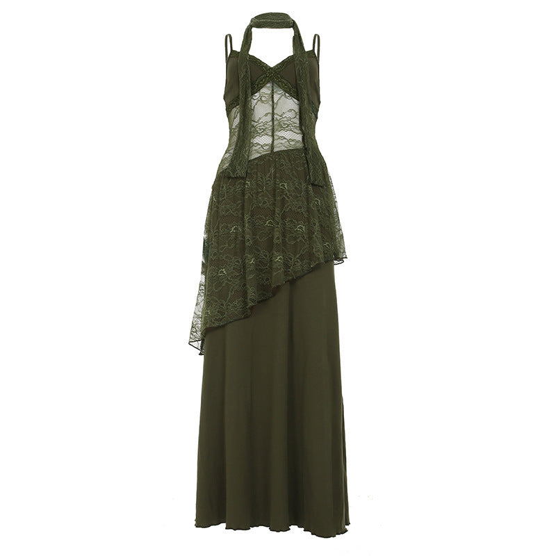 Retro-style Lace-panel V-neck Slip Dress by Ricaloux