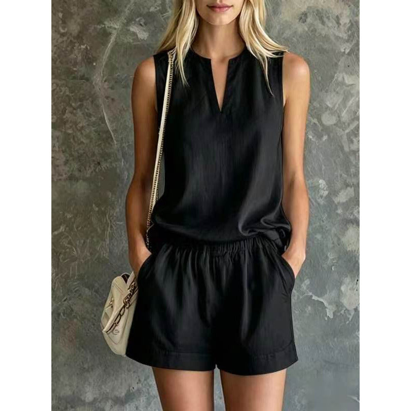 Casual Commuter Cotton-Linen V-Neck Sleeveless Top And Shorts Two-Piece Set by Ricaloux