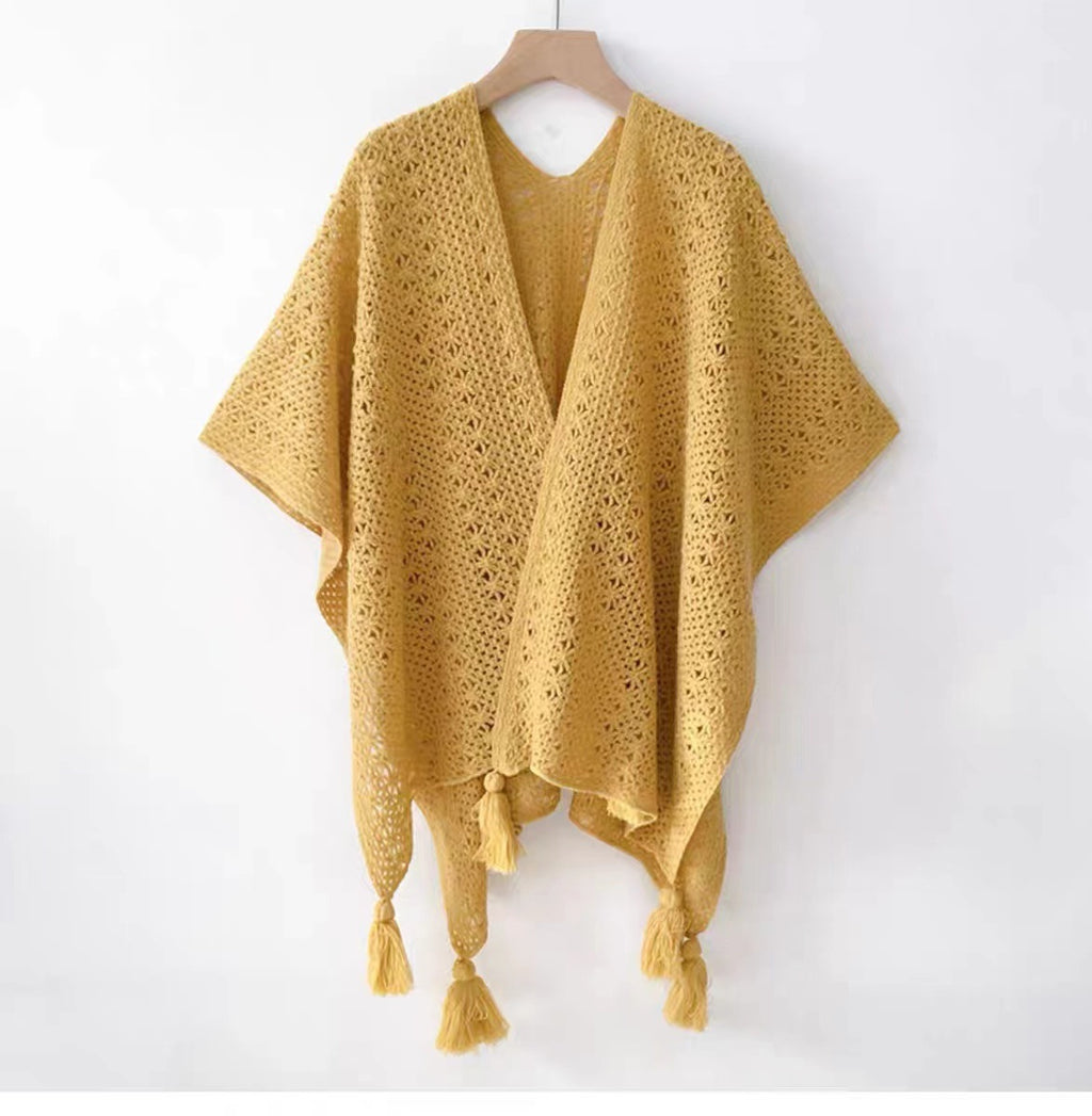 Womens Knitted Tassel-Trimmed Open-Front Cape For Photos – Premium 0 | RICALOUX
