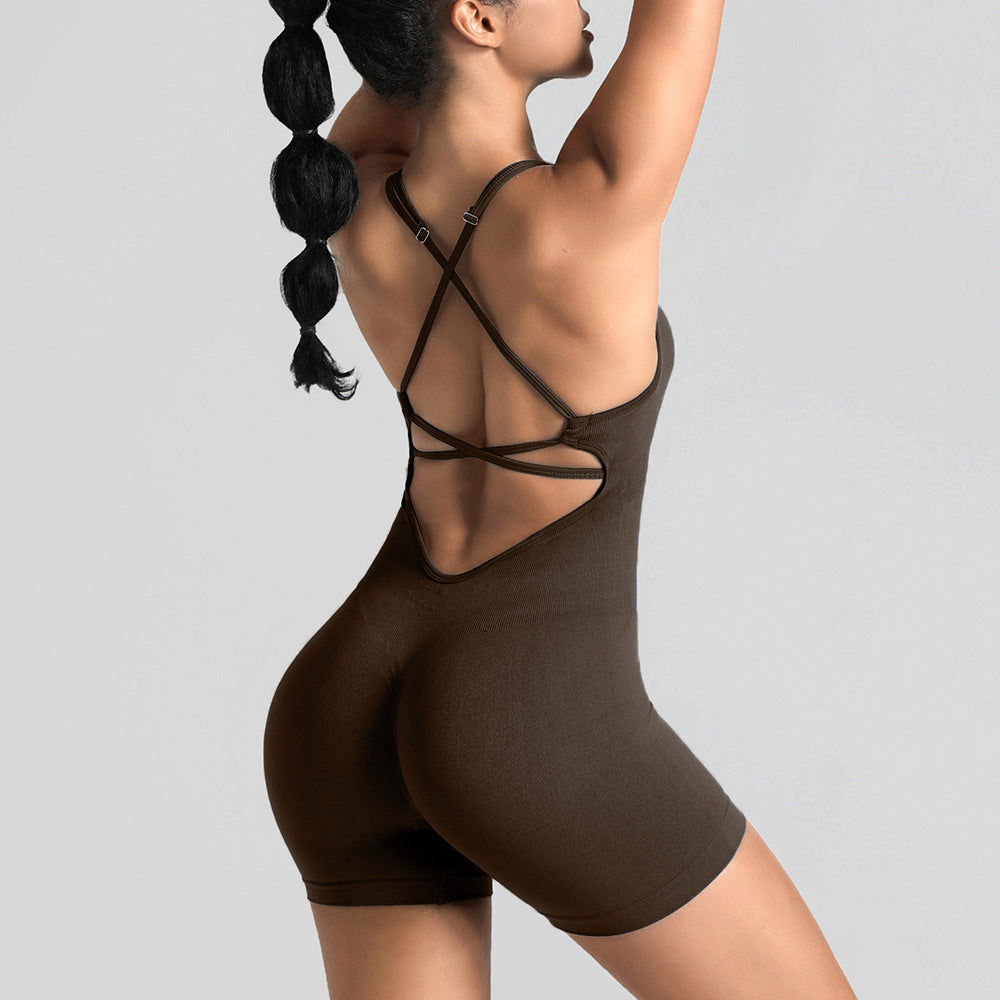 Seamless One-Piece Yoga Jumpsuit, Outdoor Back-Support Sports Bra, Peach Butt Fitness Outfit, Strappy Skin-Tight Bodysuit by Ricaloux