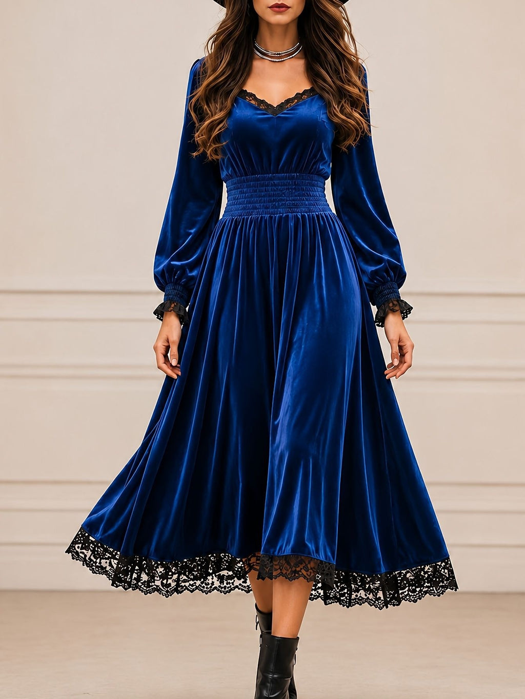 Casual Autumn Lace-Patchwork Velvet Evening Dress by Ricaloux
