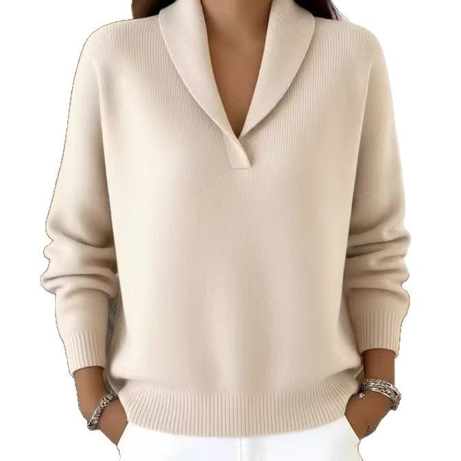 Fashionable Solid-color V-neck Long-sleeve Loose-fit Pullover by Ricaloux