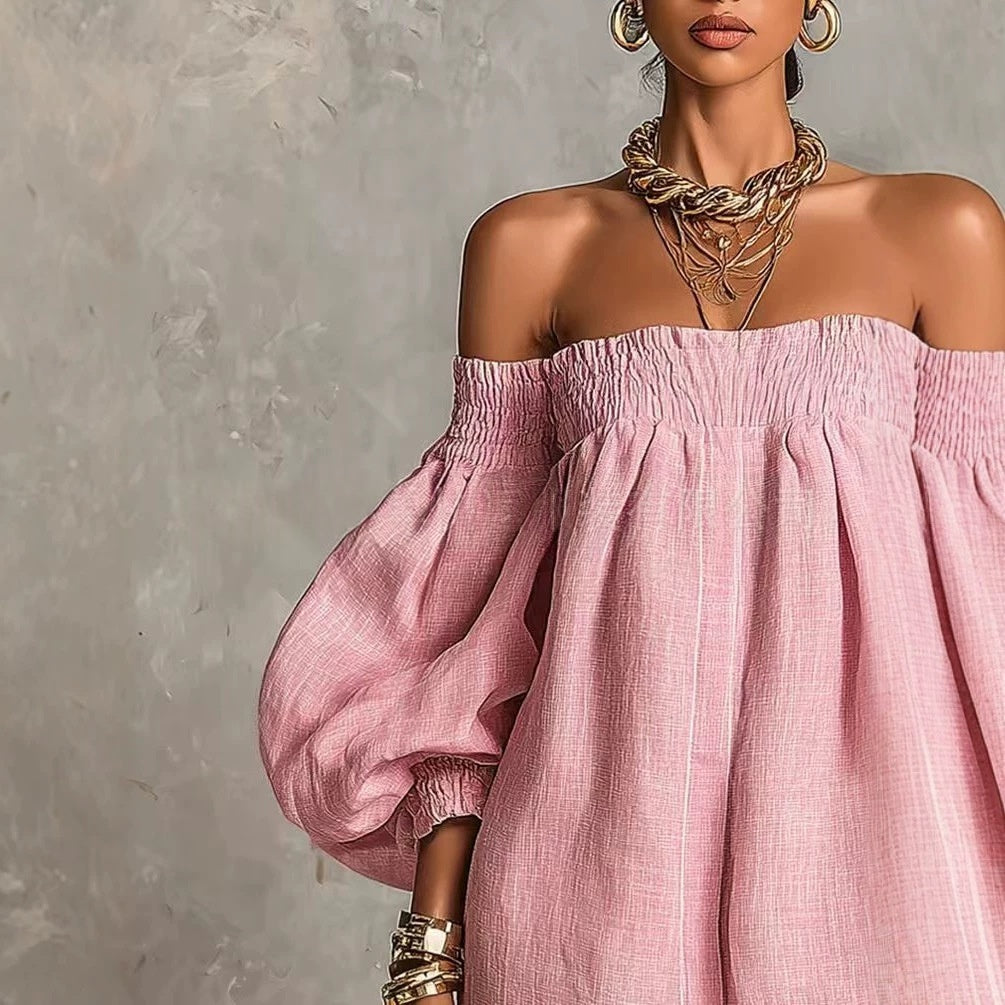 Off-the-shoulder Lantern-sleeve A-line Loose-fit Mini Dress by Ricaloux