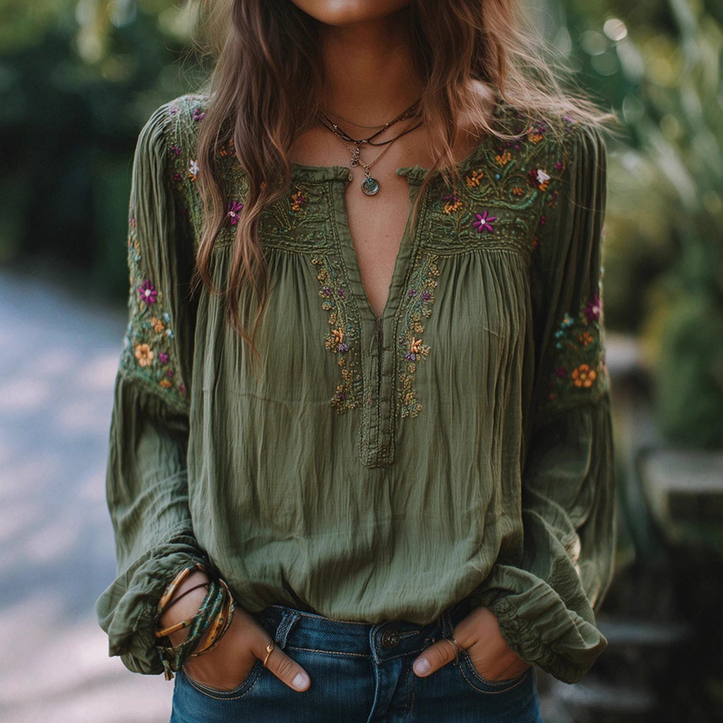 Ethnic-style Embroidered Floral Lantern-sleeve Loose-fitting Top by Ricaloux