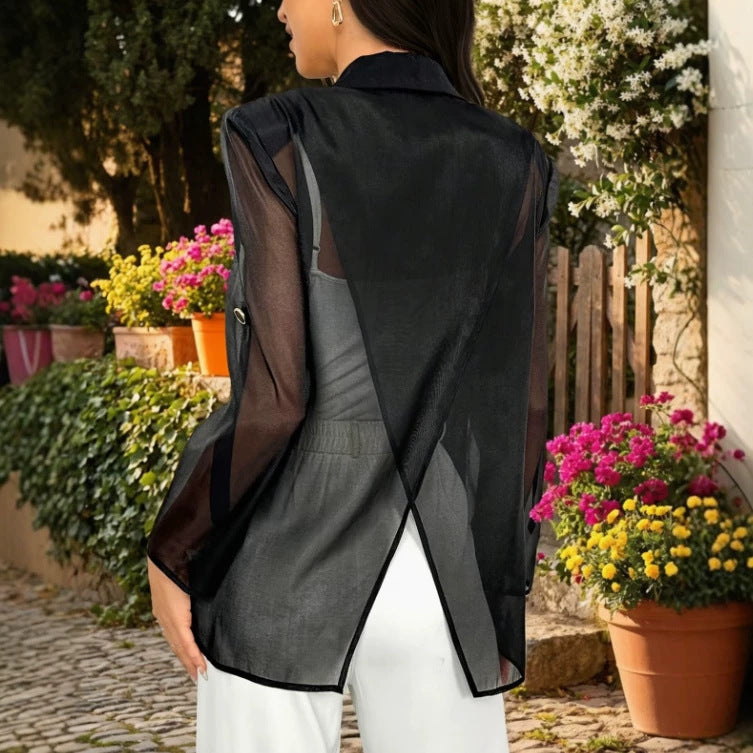 Fashionable Solid-color Suit With Rolled-up Sleeves Mesh Paneling And A Sheer Back by Ricaloux