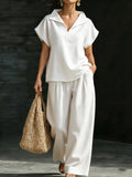 Womens Casual V-Neck Pullover Short-Sleeve Pants Set by Ricaloux