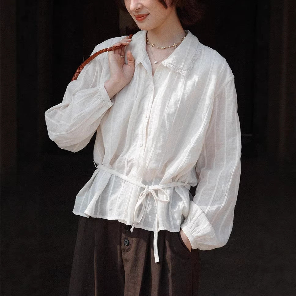 Womens Striped Jacquard Defined-Waist French-Style Shirt by Ricaloux