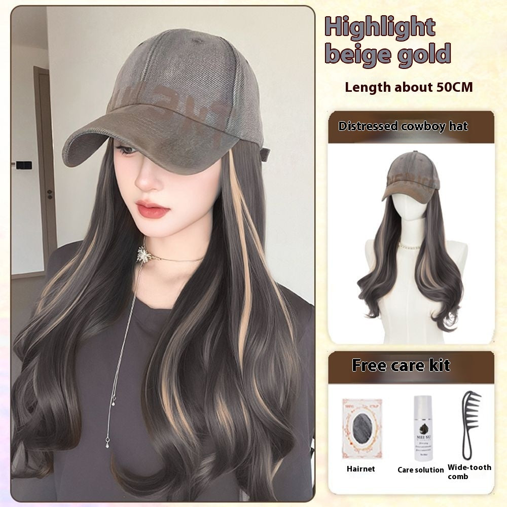 All-in-one American Retro Denim Peaked Cap Dyed Micro-roll Wig by Ricaloux