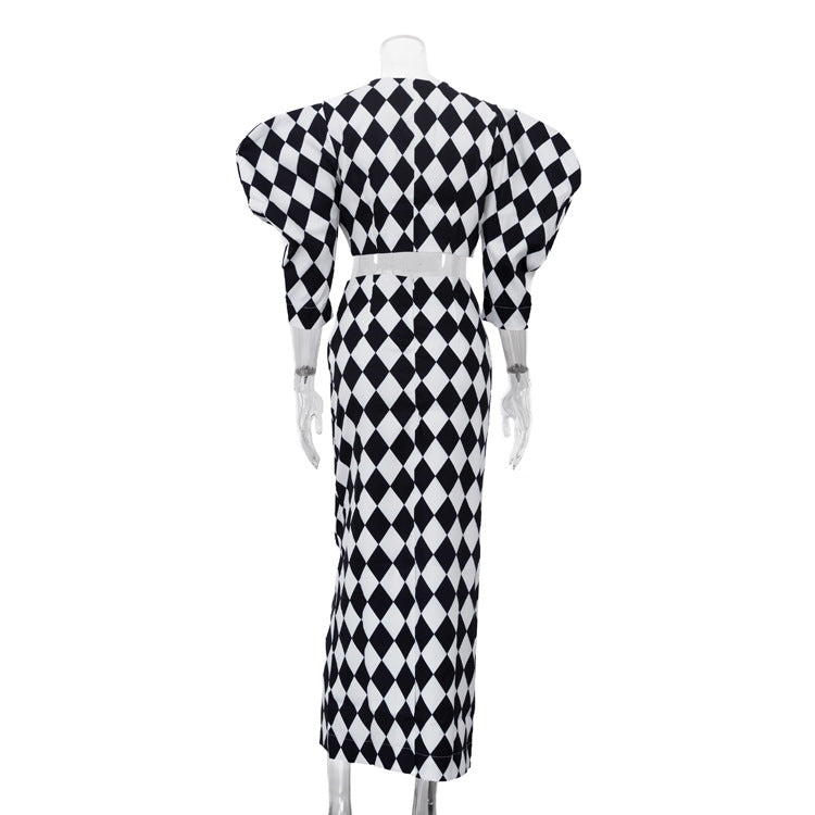 Diamond Check Puff Sleeve V-Neck Crop Top & High Waist Mermaid Maxi Skirt 2-Piece Co-Ord Set by Ricaloux