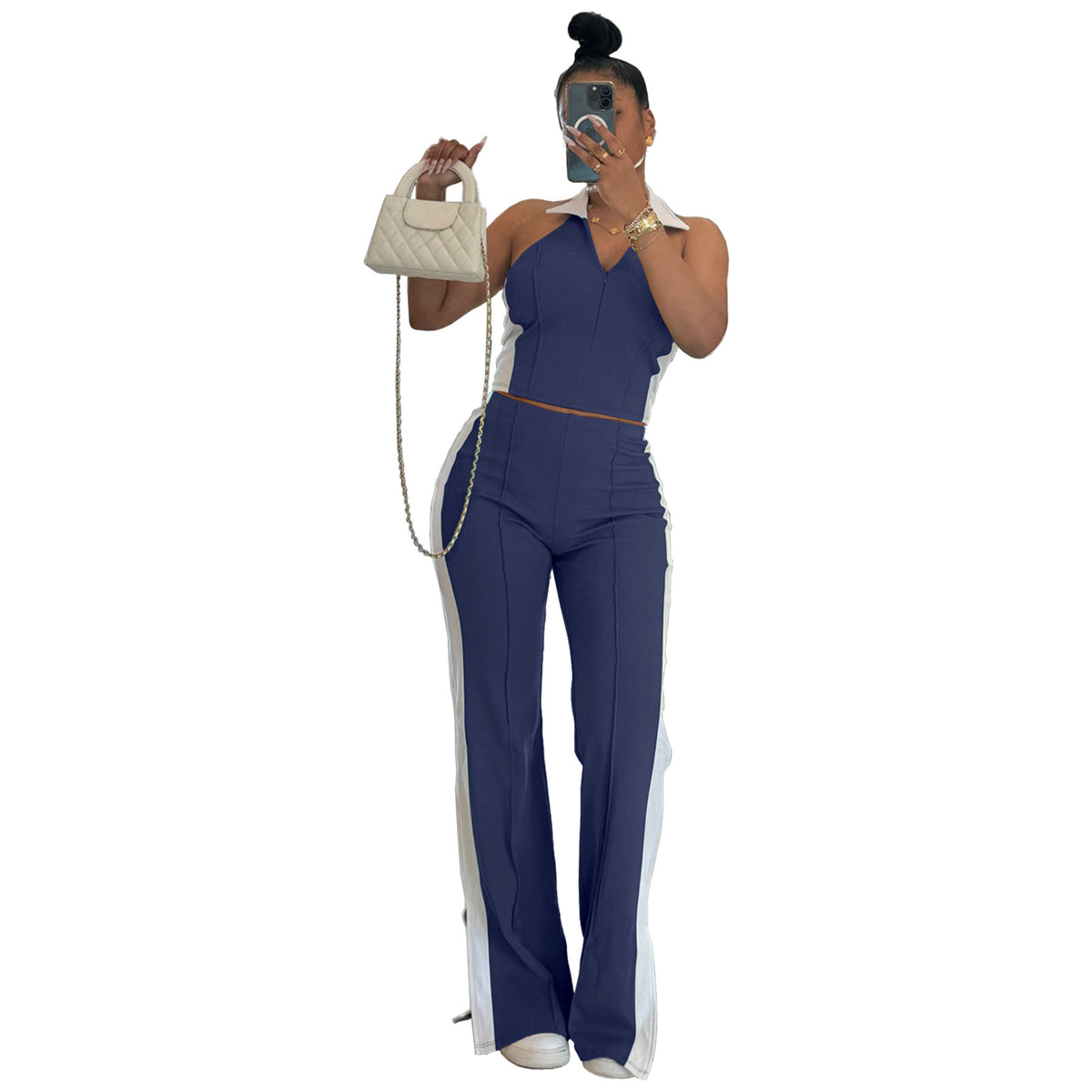 Fashionable Patchwork Color-Block V-Neck Zippered Sleeveless Split-Pant Two-Piece Set by Ricaloux