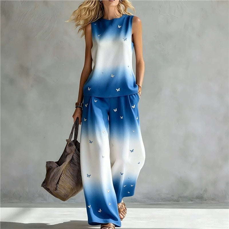 New-style Rainbow Tie-dye Sleeveless Crew-neck Top And Wide-leg Pants Womens Casual Two-piece Set – Premium 0 | RICALOUX