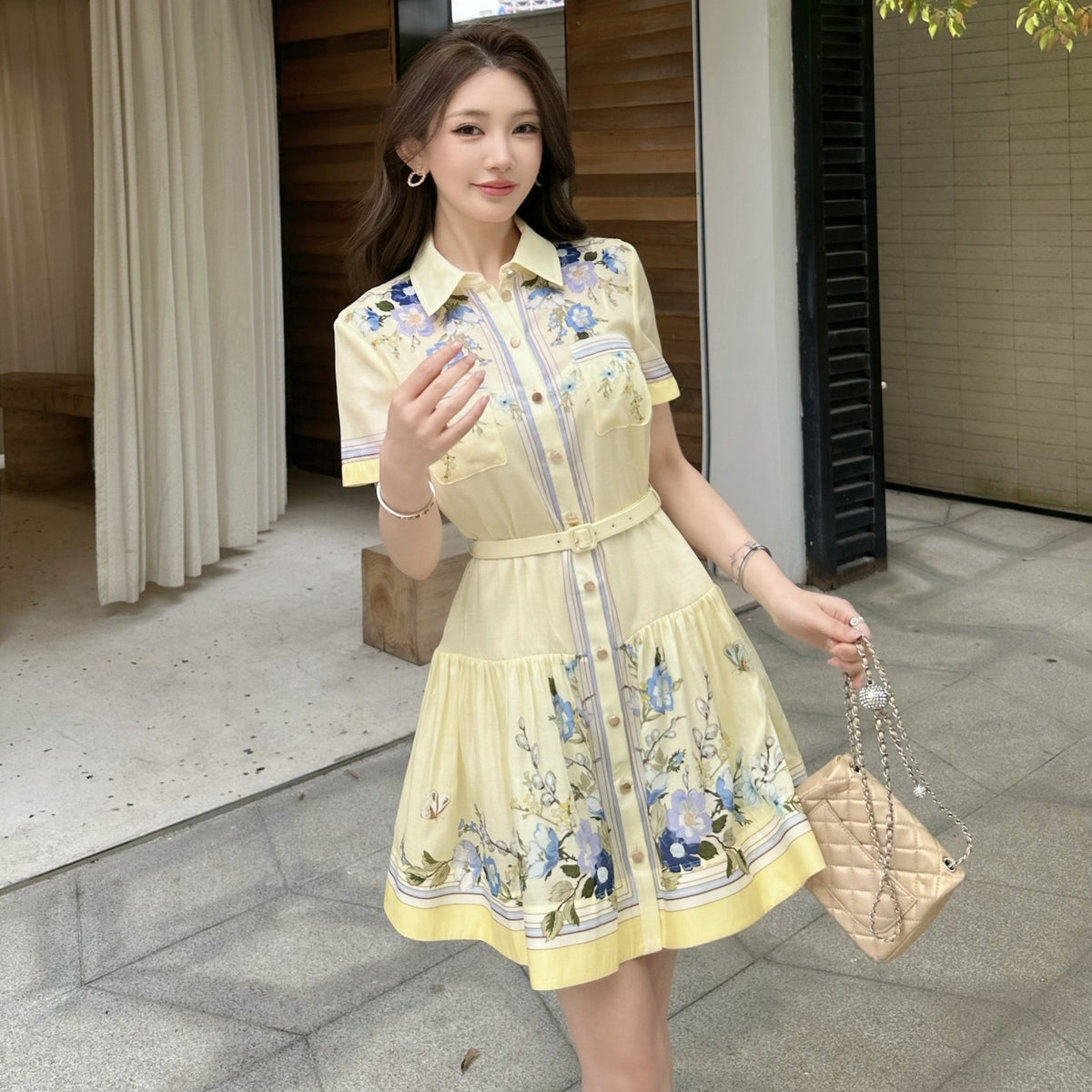 French-style Yellow Floral-print Silk Dress by Ricaloux