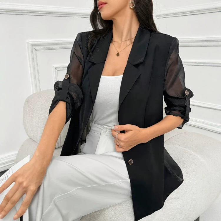 Fashionable Solid-color Suit With Rolled-up Sleeves Mesh Paneling And A Sheer Back by Ricaloux