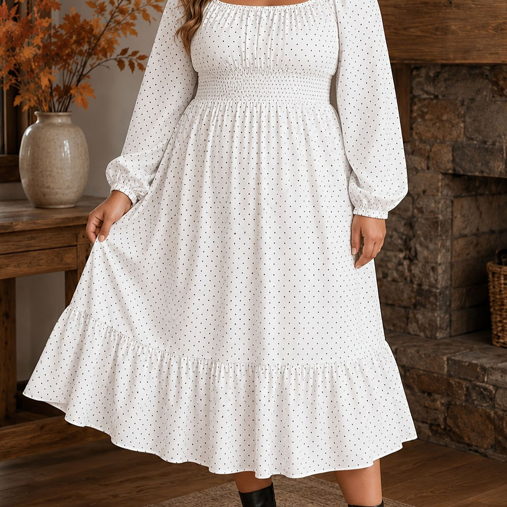 Polka-dot Plus-size Womens Dress Puff-sleeve Boat-neck Dress For Curvy Figures – Premium 0 | RICALOUX