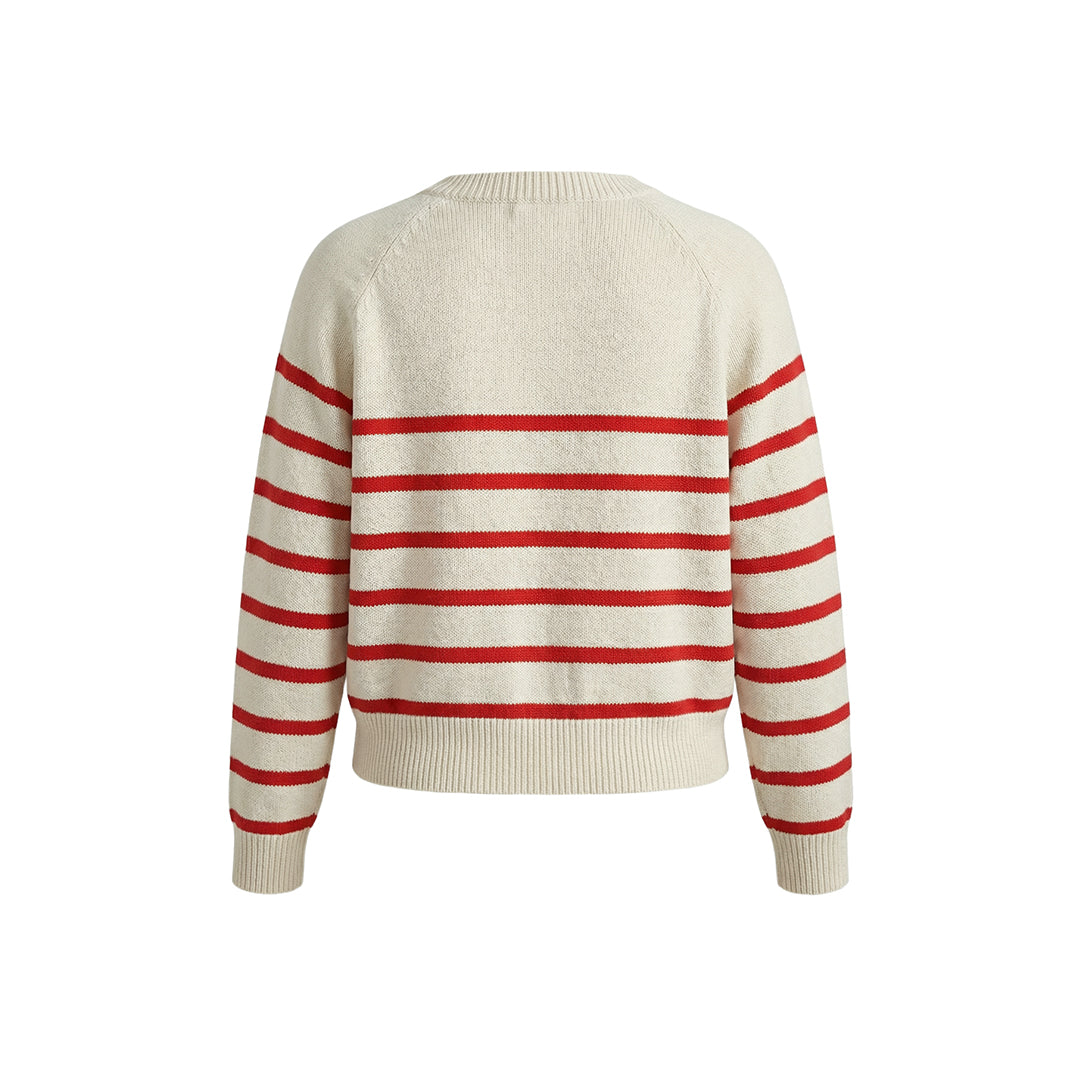 Women's Striped Knit Cardigan Red White Crewneck Button Up Sweater Coat Casual Long Sleeve Knitwear by Ricaloux
