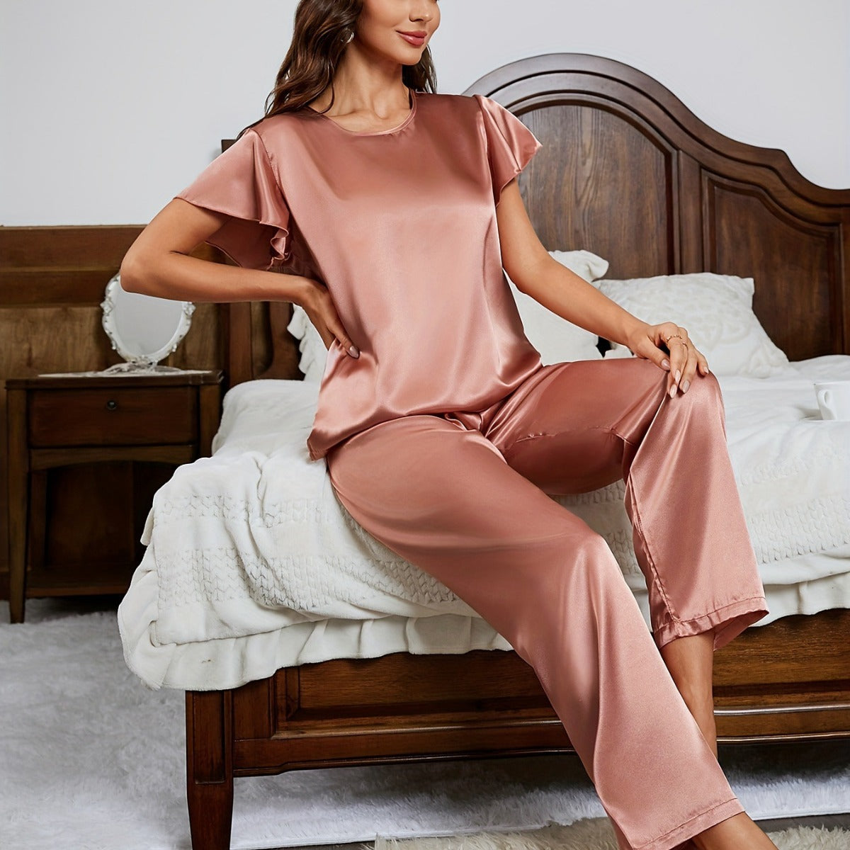 Long Pants And Short-sleeve Loose-fit Faux Silk Loungewear Set by Ricaloux