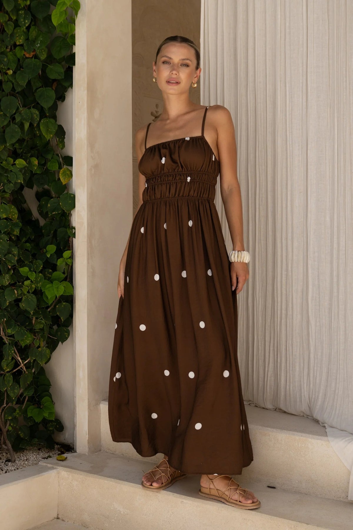 French Spaghetti Strap Ruched Bust White Polka Dot Flowy Maxi Dress by Ricaloux