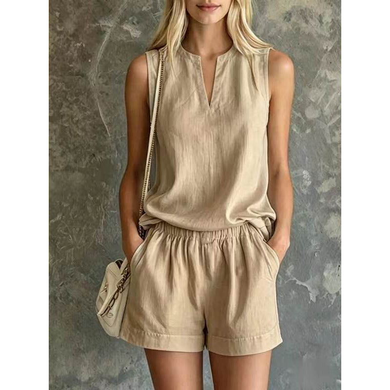 Casual Commuter Cotton-Linen V-Neck Sleeveless Top And Shorts Two-Piece Set by Ricaloux