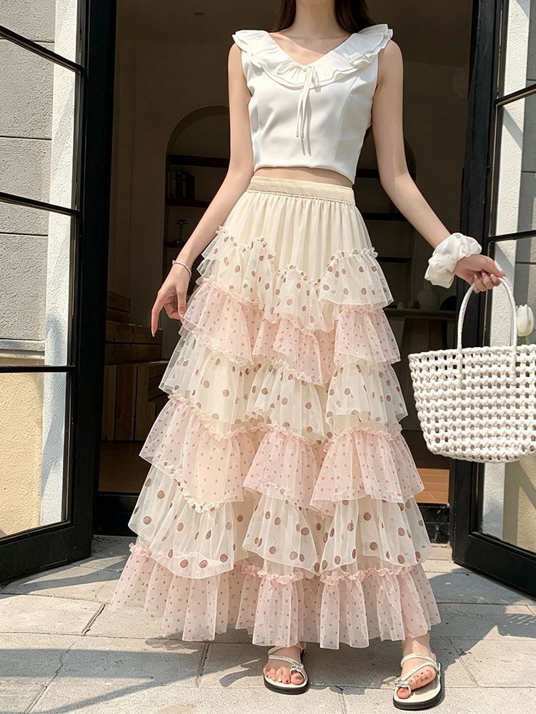 Ethereal Chiffon Puff Polka-dot Skirt by Ricaloux