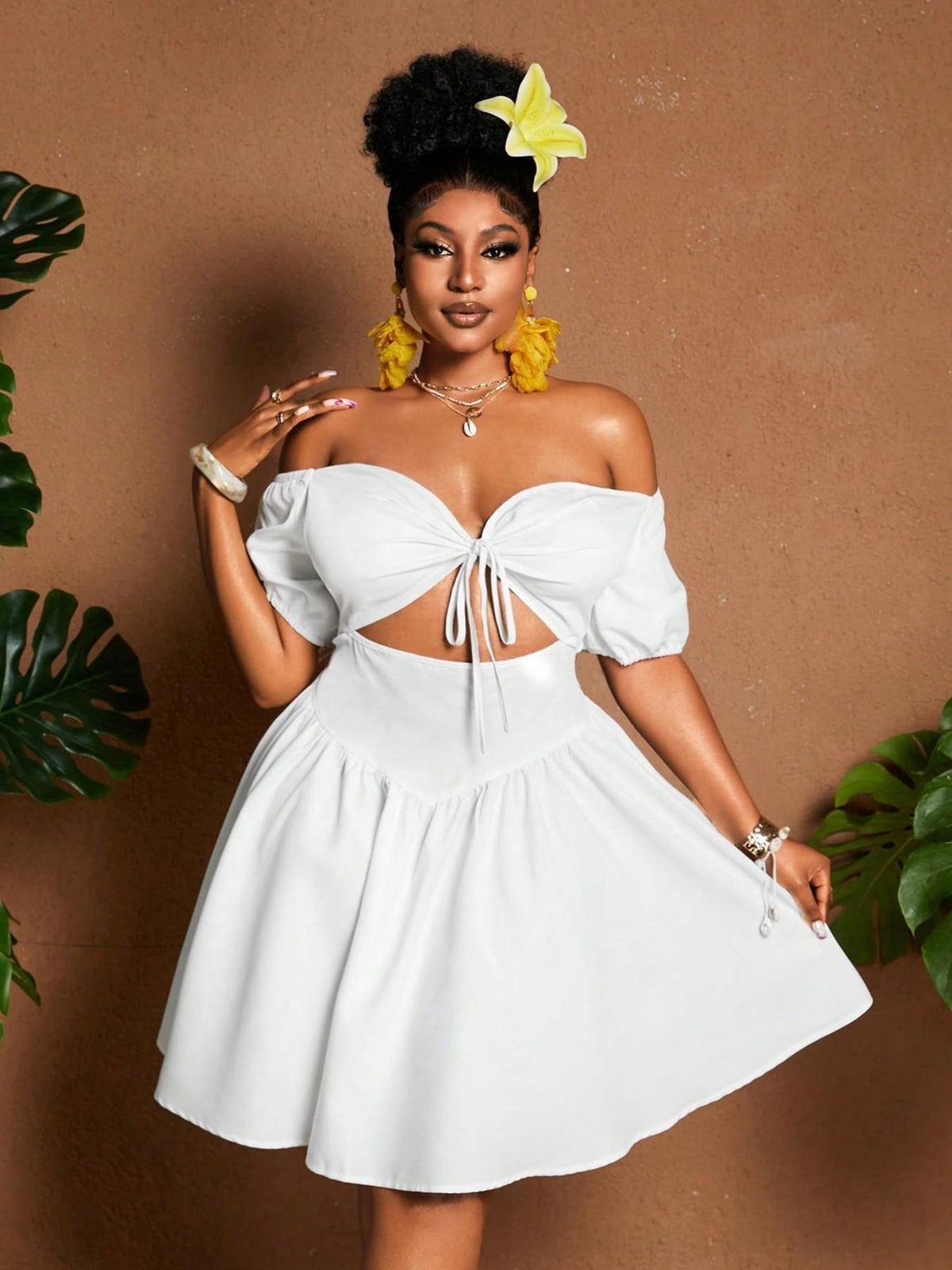 Womens Solid-color Plus-size Off-shoulder Midriff-baring Puff-sleeve Dress by Ricaloux