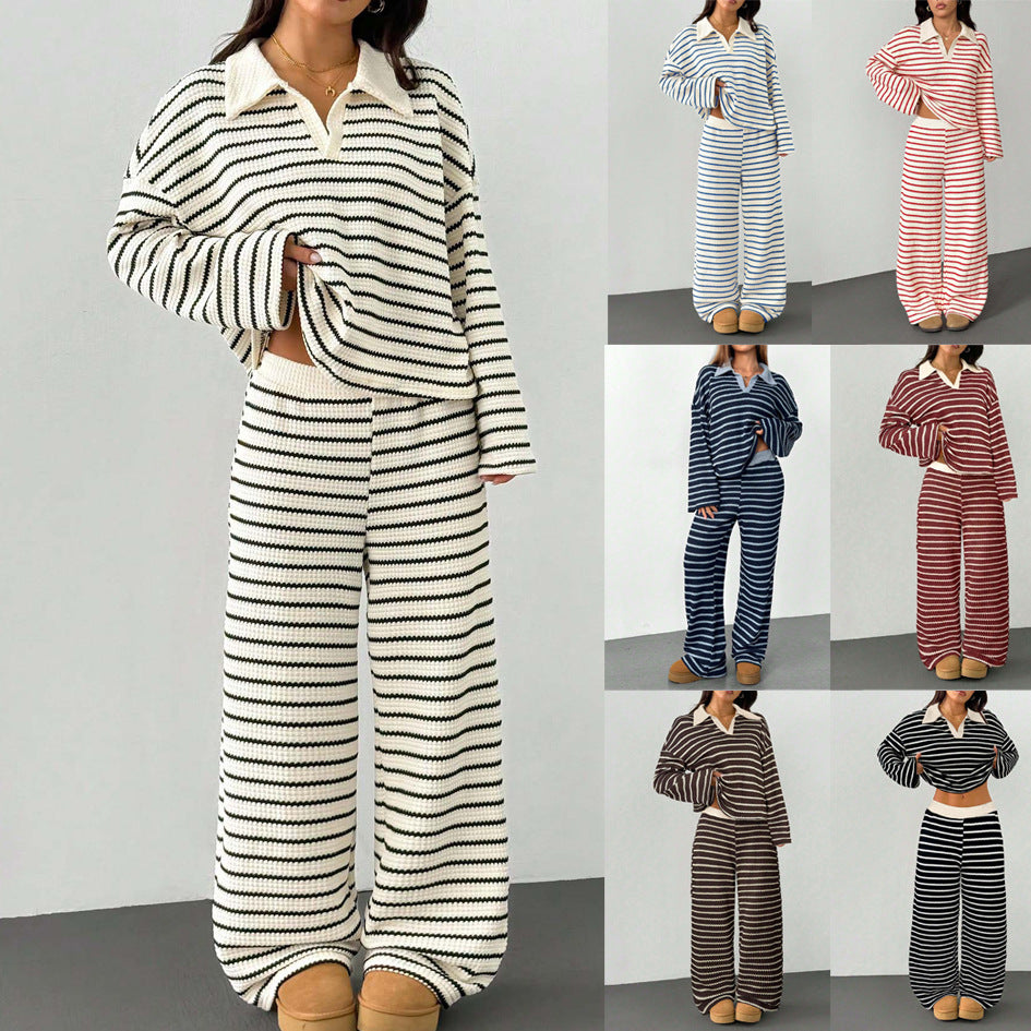 Striped Knitted Color-Block Long-Sleeve Top And Pants Casual Set – Premium 0 | RICALOUX