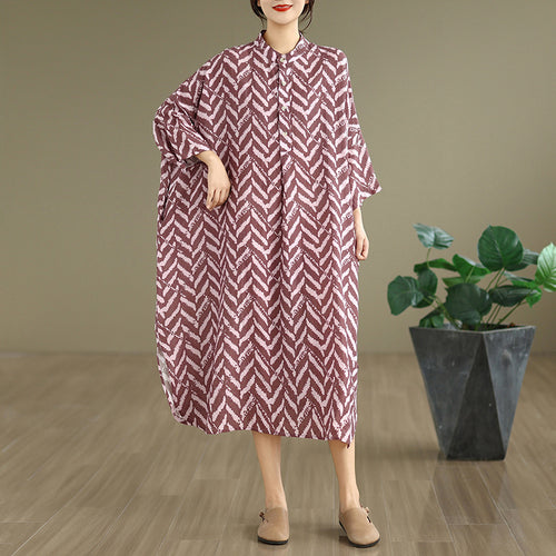 Cotton-linen Printed Mandarin-collar Loose-fit Maxi-length Resort Dress – Premium 0 | RICALOUX