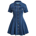 Denim Short-sleeve Cardigan Waist-cinching Dress – Premium 0 | RICALOUX