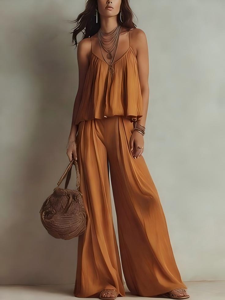 Square Neck Loose Cami Crop Top & High Waist Flowy Wide Leg Pants Two Piece Vacation Outfit Set – Premium 4 | RICALOUX