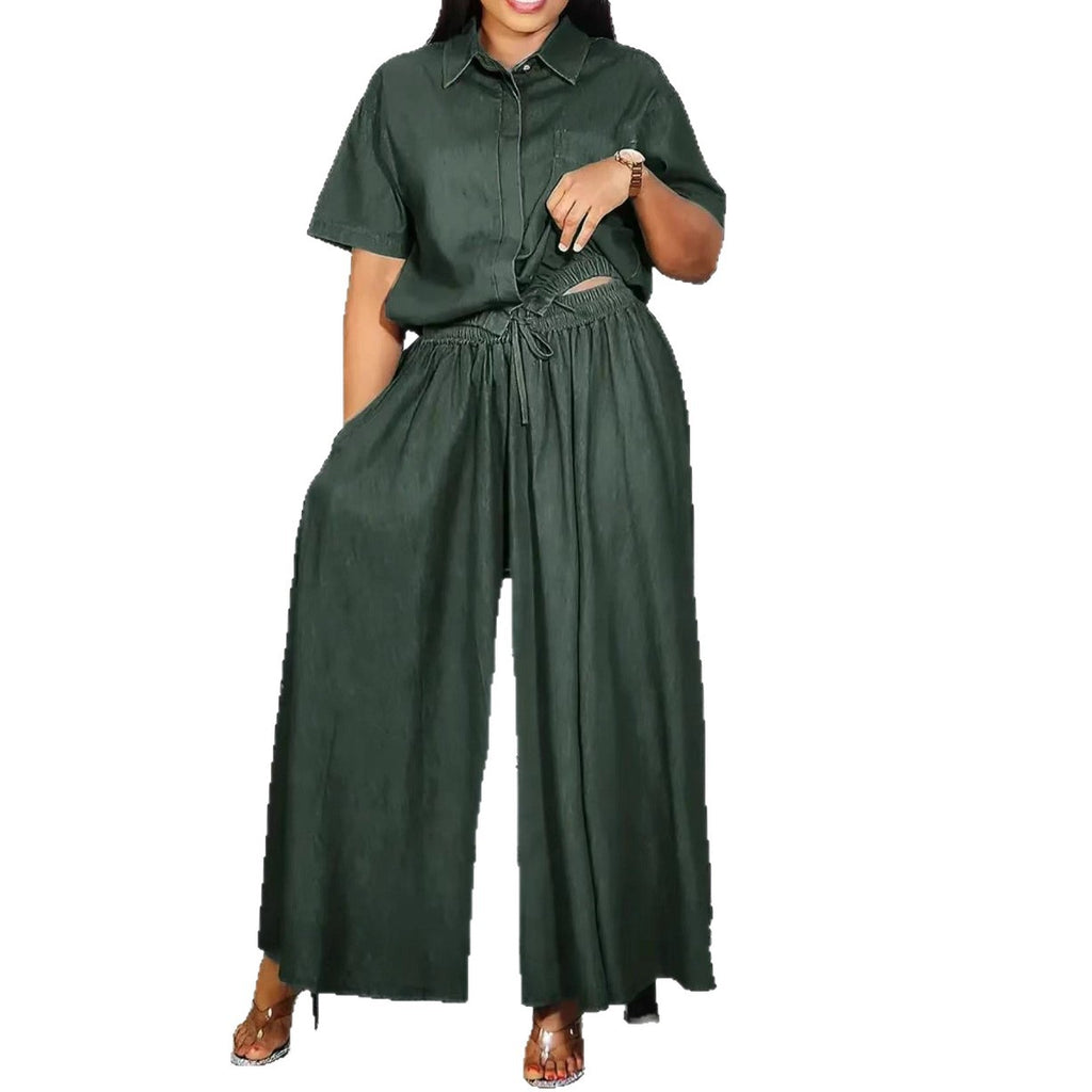 Womens Fashionable Loose Casual Solid-Color Two-Piece Set Short-Sleeve Top And Wide-Leg Long Pants by Ricaloux
