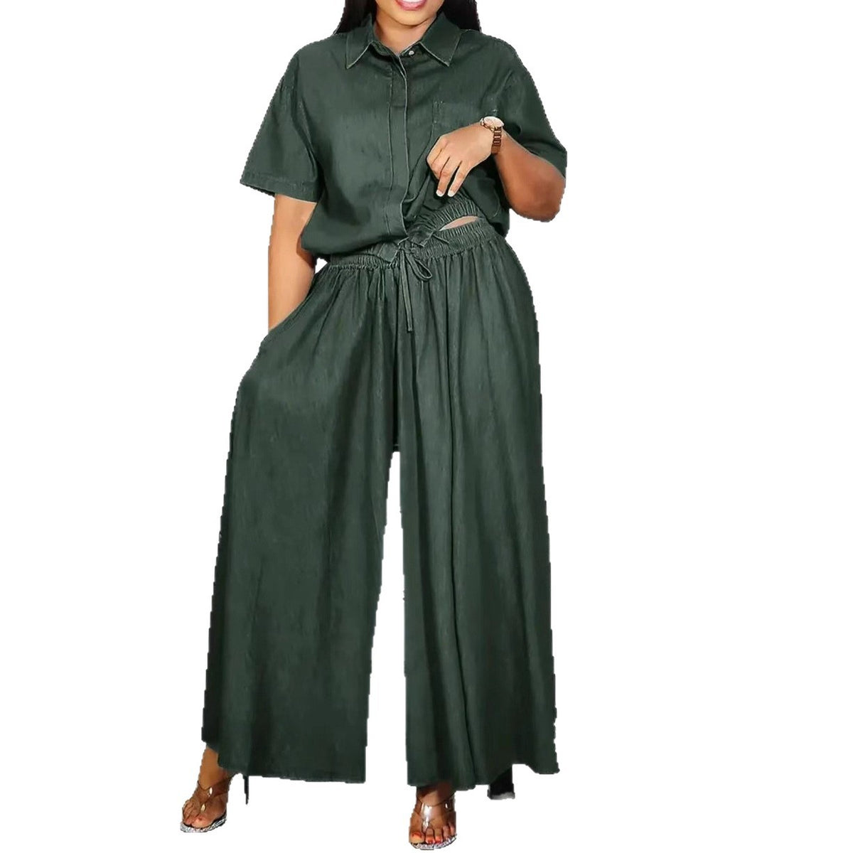 Womens Fashionable Loose Casual Solid-Color Two-Piece Set Short-Sleeve Top And Wide-Leg Long Pants by Ricaloux