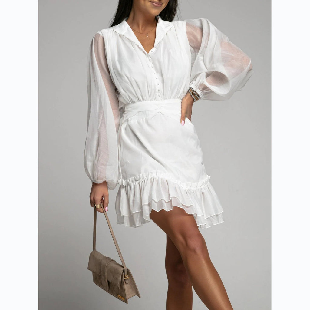 Fashionable Button-front Waist-cinching Lace Dress With Ruffled Hem by Ricaloux