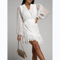 Fashionable Button-front Waist-cinching Lace Dress With Ruffled Hem by Ricaloux